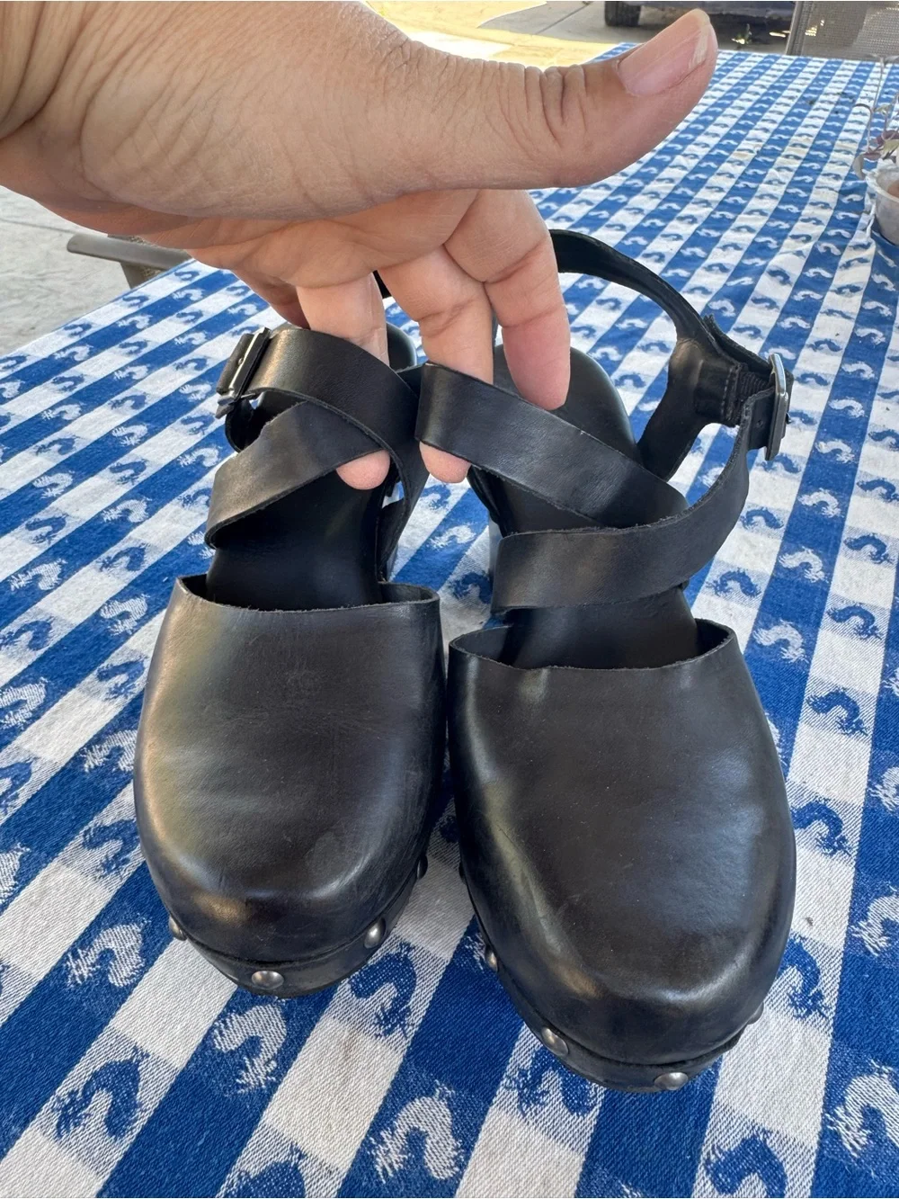Kork Ease - Abloom Black Leather Strappy Mary Jane Platform Clog Heels Sz 7